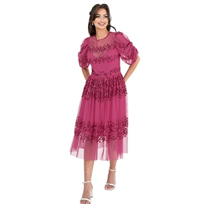 Abbildung von Maya Deluxe Damen Womens Midi Ladies Sequin Embellished Short Sleeve Dress for Wedding Guest Bridesmaid Prom Ball Evening Occasion Kleid, Fuchsia, 44