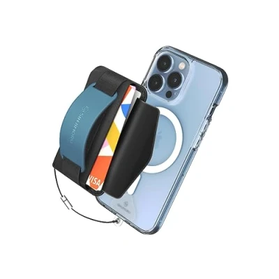 Abbildung von Sinjimoru Rutschfester Magnetischer Handy Kartenhalter mit Fingergriff, Kreditkartenetui kompatibel MagSafe Wallet Magnetic Card Holder für iPhone 16 15 14 13 12 Reihe. M BGrip Blau