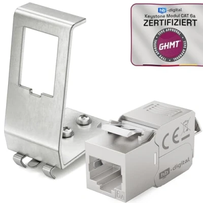 Abbildung von hb digital 1x CAT 6a Keystone Modul RJ45 Buchse STP 10 Gbit/s werkzeuglos LSA mit 1 Port 35mm DIN Rail Metall Hutschienenadapter Halterung Ethernet LAN Netzwerk Switch