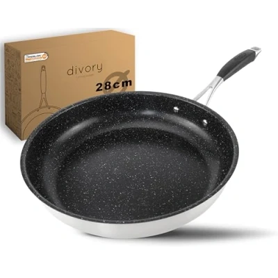 Abbildung von DIVORY Edelstahl Pfanne 28 cm ULTIME Induktion I Antihaft beschichtete große Bratpfanne für alle Herdarten Induktionspfanne, Ergonomischer Griff, Spülmaschinen geeignet (28cm, Schwarz)