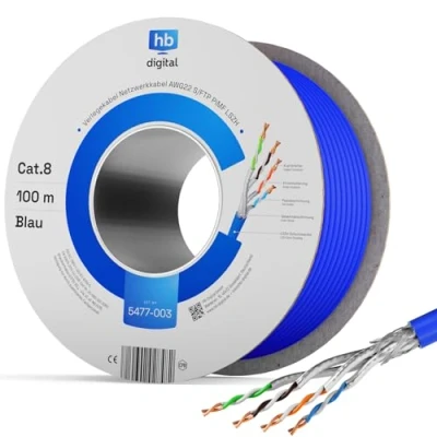 Abbildung von hb digital 100m CAT 8.1 Netzwerkkabel Verlegekabel Installationskabel Datenkabel Ethernet LAN Kabel 8 bis zu 40 Gbit/s Kupfer S/FTP 2000MHz PiMF LSZH Halogenfrei AWG 22/1 blau