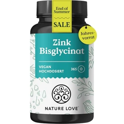 Abbildung von NATURE LOVE® Zink 365 Tabletten (1 Jahr) Hochdosiert (25mg): Bisglycinat (Zink Chelat) Hoch bioverfügbares Zinc vegan, laborgeprüft, in Deutschland produziert