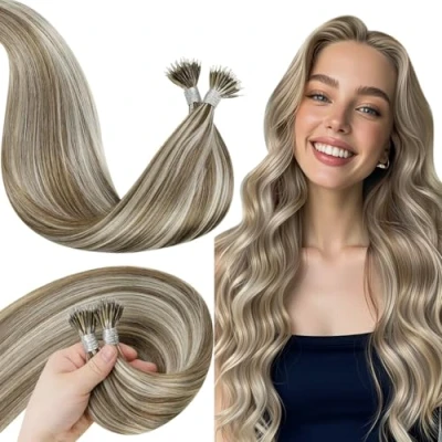 Abbildung von LaaVoo Highlighted Braun Nano Ring Menschenhaar Verlängerungen 35 cm Hellbraun mit Hellblond Nanorings Extensions Echthaar Glatt 50G/50S Tips Haarverlangerung