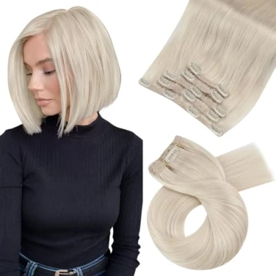 Abbildung von Moresoo Blond Clip Extensions Echthaar Güstig Remy in Doppelt Tressen Platinblond #60 80g 25 cm 5