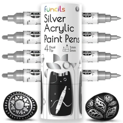 Abbildung von Funcils 4 Dual Tip Acrylstifte Silber Feine Spitze &amp; Mittlere Silberner Stift für Steine, Leinwand, Holz, Keramik, Glas, Stoff, Reifen und Schuhe Kinder Erwachsene