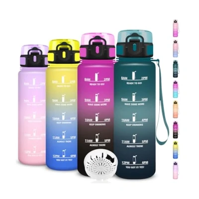 Abbildung von Grsta Trinkflasche Sport, Wasserflasche 1l, Auslaufsicher, mit Zeitmarkierung, Trinkflaschen Kohlensäure Geeignet, Leicht zu Reinigen, für Fitness, Schule, Büro, Fahhrad
