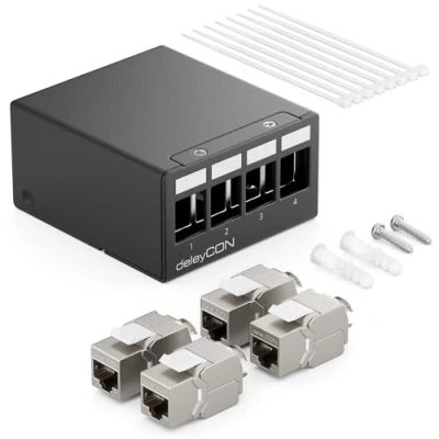 Abbildung von deleyCON 4 Port CAT7 Patchpanel Set mit 4x CAT.7 RJ45 Keystone Jack Modul STP 10 Gbit/s Verteilerfeld Kompatibel Verlegekabel CAT6 CAT6a CAT8 Ethernet LAN DSL Netzwerkkabel Schwarz