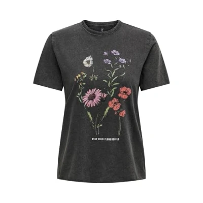 Abbildung von ONLY Damen Bedrucktes T Shirt Kurzarm Basic Rundhals Top mit Schrift Printed Shortsleeve ONLLUCY, Farben:Grau 3, Größe:XS