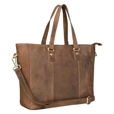 Abbildung von STILORD &#039;Emmeline&#039; Einkaufstasche, professionell, Leder, große Umhängetasche, Vintage, für Damen, Handtasche, elegant, Computer mit 13,3 Zoll (33,8 cm), mittelbraun, M, Schulranzen