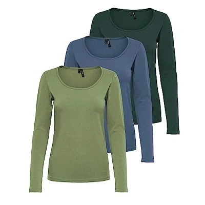 Abbildung von VERO MODA Damen VMMAXI My LS Soft UNECK NOOS 3 Pack Langarmshirt, Oil Green/Green Gables &amp; Chine, L