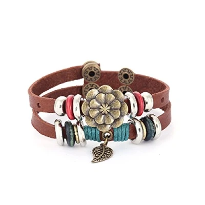 Abbildung von Morella Damen Lederarmband braun doppelt mit Ringen, Blatt und Blume