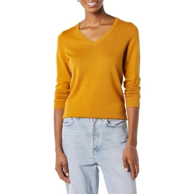 Abbildung von Amazon Essentials Damen Leichter, Langärmeliger Pullover Mit V Ausschnitt, Klassischer Schnitt (Erhältlich In Übergröße), Dunkles Goldgelb, S