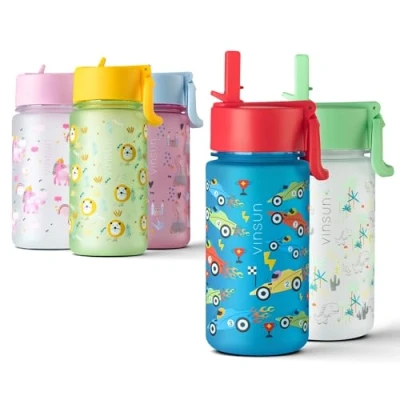 Abbildung von VINSUN Trinkflasche Kinder 500ml Strohhalm Deckel auslaufsicher, BPA frei, Kohlensäure geeignet, Tritan blaue Wasserflasche mit Autos für Kindergarten, Schule, Sport