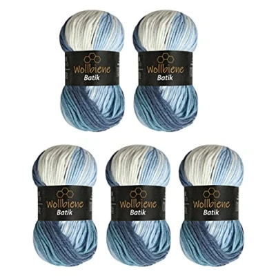 Abbildung von 5 x 100g Wollbiene Batik 500 Gramm Wolle mit Farbverlauf mehrfarbig Multicolor Strickwolle Häkelwolle (5500 blau weiß)