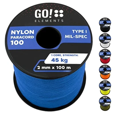 Abbildung von GO!elements 100m Paracord 2mm Seil aus reißfester Nylonschnur 100 Typ I Survival Schnur Reißfest bis 45kg geeignet als Allzweckseil, Reepschnur, Kordel, Maurerschnur, Farbe: Blau