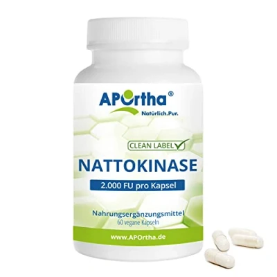 Abbildung von APOrtha® Nattokinase 100 mg, 60 vegane Kapseln mit je mg (20.000 FU/g), durch natürliche Fermentation gewonnen, hochdosiert, laktosefrei, glutenfrei, GMO frei, vegan ohne Zusatzstoffe
