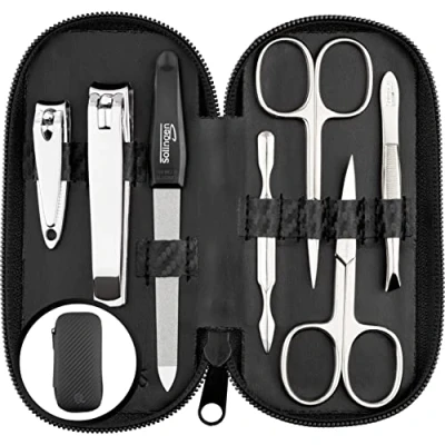 Abbildung von Maniküre Set Solingen Vergleichssieger mit Top Preis/Leistung Echt Leder Etui handlich und weich 7teiliges Nagelset für Damen Herren marQus aus glanzvernickeltem poliertem Stahl