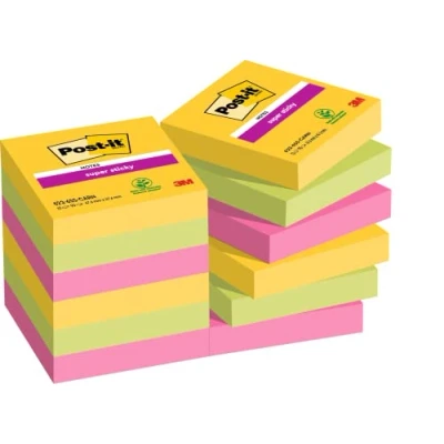 Abbildung von Post it Super Sticky Notes Carnival Collection, Vorteilspackung mit 12 Blöcken, 90 Blatt pro Block, 47,6 mm x mm, Gelb, Blau. Grün, Pink. Orange Extra stark klebende Notizzettel