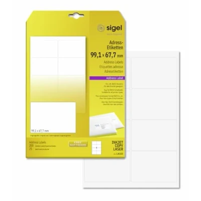 Abbildung von SIGEL LA322 abgerundete Adress Etiketten selbstklebend, bedruckbar, weiß, 99,1 x 67,7 mm, 200 = 25 Blatt