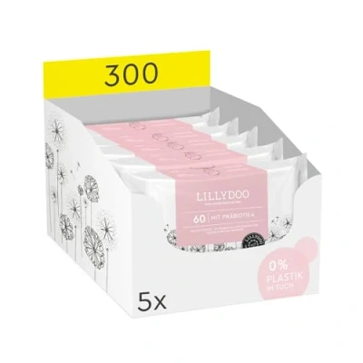 Abbildung von LILLYDOO Feuchttücher mit Präbiotika, 300 Stück (5 x 60), 100% plastikfreies Tuch, ohne Parfüme (FSC Mix)