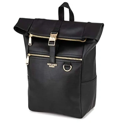 Abbildung von Berliner Bags Premium Rucksack Harlem Gold aus echtes Vollnarbiges Leder mit Laptopfach Kurierrucksack Fahrradrucksack Wasserdicht Damen Frauen Schwarz Groß