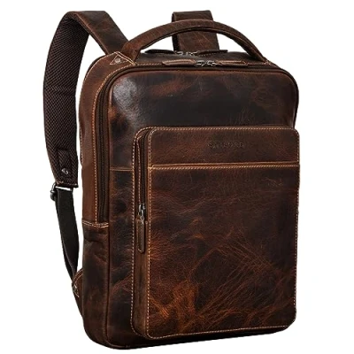 Abbildung von STILORD &#039;Nicky&#039; Laptoprucksack 13 Zoll Leder Mittel Groß Damen Herren Lederrucksack Vintage Rucksack Business Handgepäck Reiserucksack Travel Backpack Echtleder, Farbe:luino braun