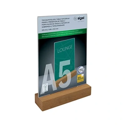 Abbildung von SIGEL TA254 Tischaufsteller A5 hoch, mit Eichenholz Sockel, glasklar Acryl, garantiert UV beständig, Holz FSC zertifiziert