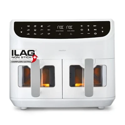 Abbildung von MEDION P20 XXL Heißluftfritteuse mit 2 Kammern (8,7 Liter, 2.600 Watt, Doppelkammer, 9 Automatikprogramme, Schubladen, Sichtfenster, Dualer Airfryer, Dual Cook &amp; Sync Finish Funktion)