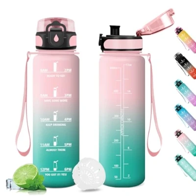 Abbildung von Trinkflasche 500ml, Wasserflasche Auslaufsicher, Sport Kohlensäure Geeignet, Fahrrad mit Zeitmarkierung und Filter, für Kinder, Outdoor, Camping, Büro, Sport, Fitness