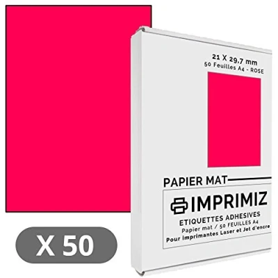Abbildung von 50 Bögen Rosa Neon 210 x 297 mm Matt für Laserdrucker und Tintenstrahldrucker Blätter A4 selbstklebend