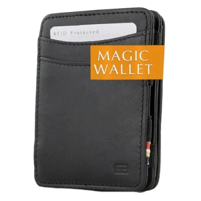 Abbildung von Hunterson Flacher Geldbeutel Fuer Herren aus Leder, Magic Wallet mit RFID Schutz, Geldboerse Kleingeld und Platz 6 Karten, Black