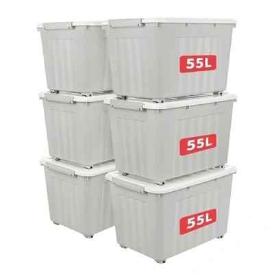 Abbildung von Cetomo,55L,6er Pack, Aufbewahrungsbox mit deckel,Aufbewahrungsboxen, Clips, stapelbar, Wohnzimmer, Schlafzimmer.lebensmittelecht ,Verschlussclips,Neumaterial Plastik Box grau
