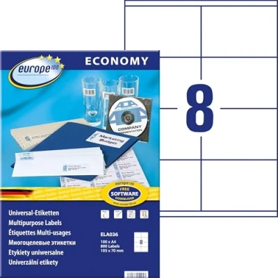Abbildung von Europe100 Art. ELA036 Universal Etiketten (800 Klebeetiketten, 105x70mm auf A4, Papier matt, individuell bedruckbar, selbstklebende Versandaufkleber, kompatibel zu AVERY 3426) 100 Blatt, weiß