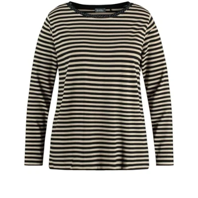 Abbildung von Samoon Rundhals Geringeltes Ziersteinen Langarmshirt, Damen, Größe: 44, Beige schwarz ringel