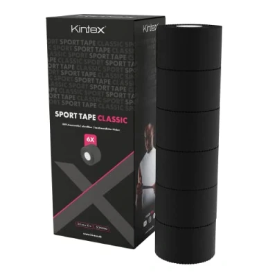 Abbildung von Kintex 6 Rollen Sporttape, 3,8 cm x 10 m, unelastisch, starres Tape, zur Fixierung und Stabilisierung von Gelenken, Fingertape, Tapeverband, hautfreundlich, reißbar (Schwarz)