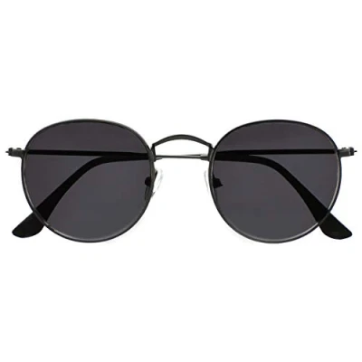 Abbildung von OPULIZE Sol Sonnenbrille Dünner Rand Runde Retro Metallfassungen Kratzfest Getönte Linse UV400 Schutz Metallgrau Schwarze Spitzen Herren Damen S94 7 +0.00