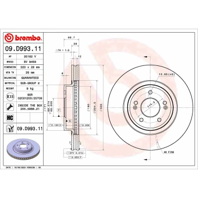 Abbildung von BREMBO 09.D993.11 Bremsscheibe 320 28 5 innenbelüftet beschichtet hochgekohlt mit Schrauben