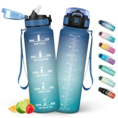 Abbildung von HoneyHolly Trinkflasche 1L mit Strohhalm, Kohlensäure Geeignet, Sport Zeitmarkierungen, Auslaufsichere und BPA frei, Wasserflasche Frost &amp; Himmel