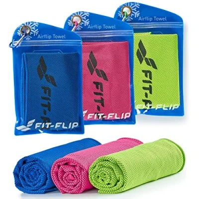 Abbildung von Fit Flip Kühlhandtuch 3er Set Cooling Towel und mikrofaser Kühltuch kühlendes Handtuch Airflip für Fitness Sport Ice (dunkelblau/grün/pink, 100x30cm)