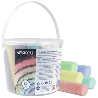 Abbildung von Westcott Straßenmalkreide Pastell 20 Stück bunte Straßenkreide für Kinder im praktischen Transporteimer leicht abwaschbar geeignet Asphalt, Tafel oder Stein E 744985 00