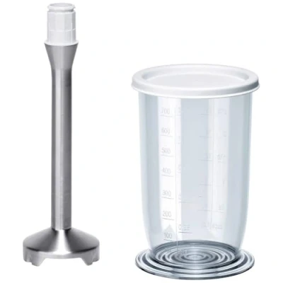 Abbildung von Bosch Edelstahlmixfuß MFZ4060, Sonderzubehör, Vier Klingen Messer &quot;Quattro Blade&quot;, skalierter Mixbecher mit Deckel, passend für Handrührgeräte der Baureihe MFQ4 und Stabmixer MSM7, Edelstahl