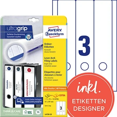 Abbildung von AVERY Zweckform L4759 25 Ordnerrücken Etiketten (90 Rückenschilder mit ultragrip, 61x297mm auf A4, breit/lang, selbstklebend, absolut blickdicht, bedruckbare Ordneretiketten) 30 Blatt, weiß