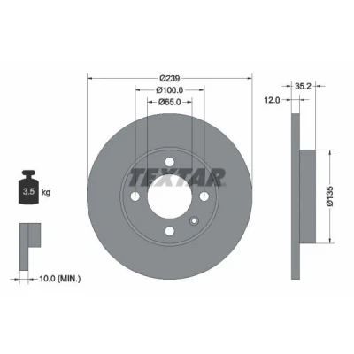 Abbildung von TEXTAR PRO 92010603 Bremsscheibe 239 12 04/05 100 voll beschichtet ohne Radbefestigungsbolzen, Radnabe VOLKSWAGEN: GOLF 3, 2, 3 Variant