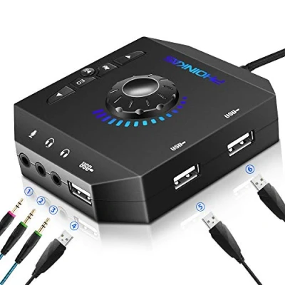 Abbildung von Externe Soundkarte, PHOINIKAS T10 USB Audio Adapter für PC Windows, Mac, Linux, Laptops, Desktops, Stereo Soundkarte mit 3,5mm Schnittstelle &amp; Schnittstelle, Plug Play (6 in 1, Schwarz)