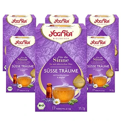 Abbildung von Yogi TEA, Für die Sinne, Süße Träume, Ayurvedischer Bio Kräutertee mit ätherischen Ölen, von Natur aus koffeinfrei, Lavendel, Kamille, Hopfen, Tee 6er Pack, 6x17 Beutel (102 Teebeutel insgesamt)