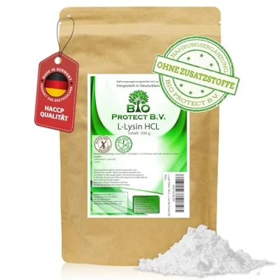 Abbildung von L Lysin Pulver 500 Gramm ohne Zusatzstoffe 100% rein und Magnesiumstearat Vegan HCL von Bio Protect BV