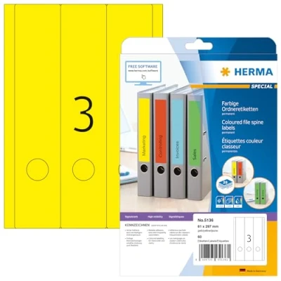 Abbildung von HERMA 5136 Ordnerrücken Etiketten lang breit, 20 Blatt, 61 x 297 mm, 3 pro A4 Bogen, 60 Stück, selbstklebend, bedruckbar, blickdicht, blanko Papier Ordneretiketten Rückenschilder Aufkleber, gelb