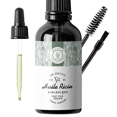 Abbildung von 100ml Bio Rizinusöl, Kaltgepresst, Rein Stimuliert und stärkt das Wachstum von Haar, Bart, Wimpern, Augenbrauen, Nägeln Haut Glasflasche, Bürste Pinsel