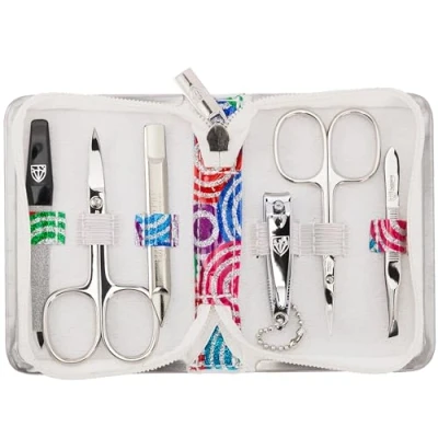 Abbildung von DREI SCHWERTER 6 tlg. &#039;Ravenna&#039; Hochwertiges Maniküreset Nagel Set Etui mit bunten Farbkreisen Inhalt: Nagelschere, Hautschere, Nagelknipser, Saphirnagelfeile, Nagelreiniger, Pinzette