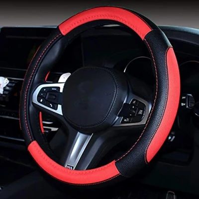 Abbildung von Pahajim Lenkradbezug Auto Lenkradhülle Universal 38cm Lenkrad überzug aus Mikrofaser Leder, Anti Rutsch Lenkradhüllen Spleißen Lenkradschutz für Sommer &amp; Winter (Schwarz Rot)